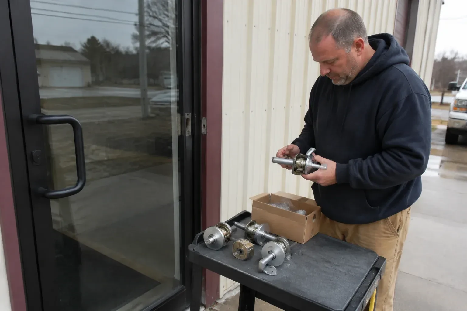 Person holding a door-handle assembly beside a glazed entrance, with more handle and lock components on a cart. — Commercial-Grade Lock Replacement, Burlington