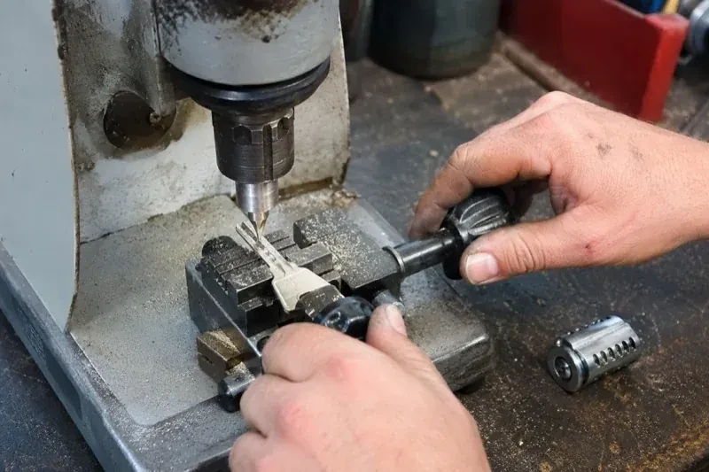 Hands operating a bench-mounted machine with a key clamped beneath a vertical cutter and a loose lock cylinder nearby. — Car Key Replacement, Burlington