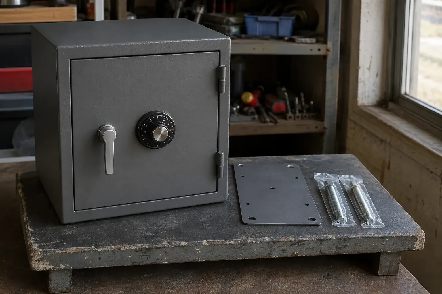 Closed small safe beside a metal plate and packaged fasteners on a workshop bench. — Safe Installation & Servicing, Burlington