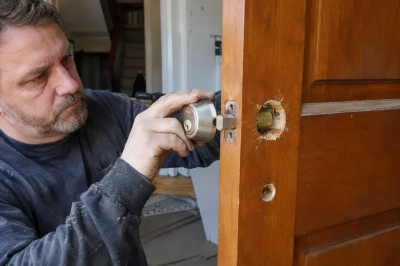 Person holding a silver-colored lock beside an open wooden door with exposed circular holes and a latch at its edge. — Deadbolt Installation, Burlington