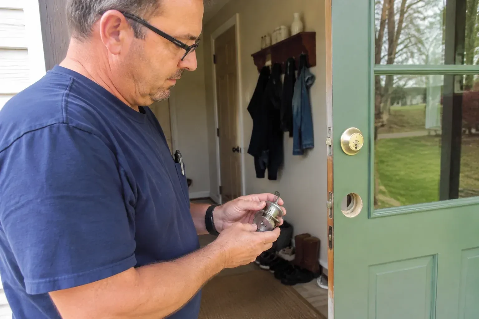 Person holding a cylindrical door-lock assembly beside an open green glazed door with its lower lock opening exposed. — Seized & Jammed Lock Opening, Burlington
