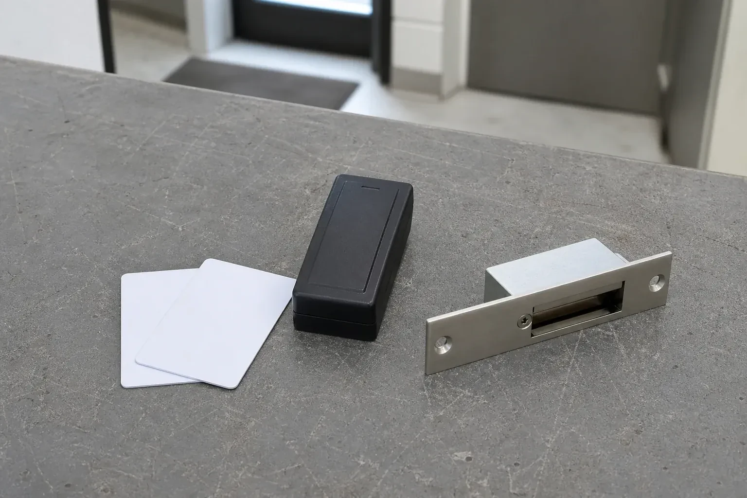 Detached card reader, two plain cards and an electric-strike component on a service bench. — Access Control Installation, Burlington