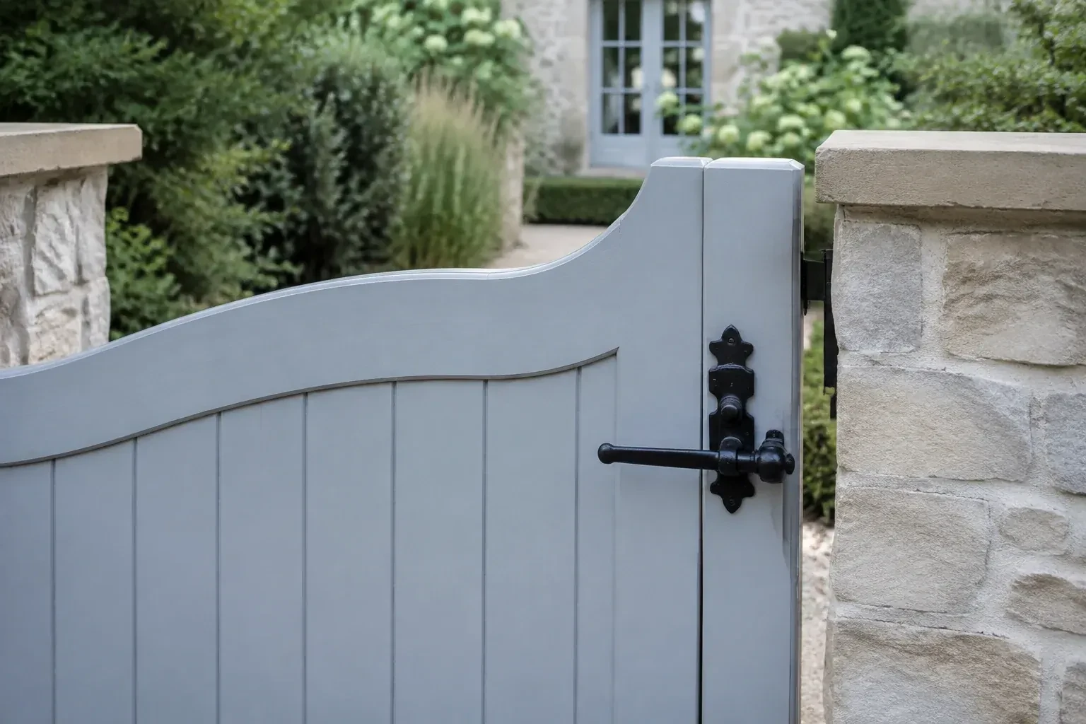 Pale blue garden gate with a black lever latch between light stone pillars. — Gate & Building Entry Locks, Burlington