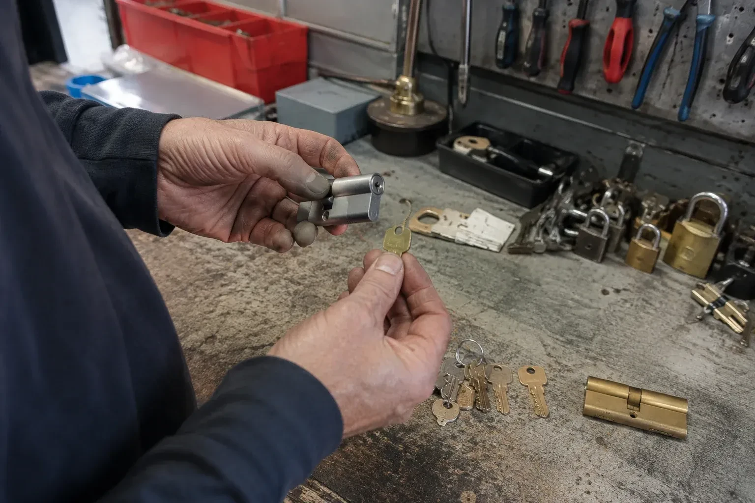 Hands holding a silver-colored lock cylinder and a brass-colored key above a workbench with padlocks, keys and tools. — Master Key System Design, Burlington