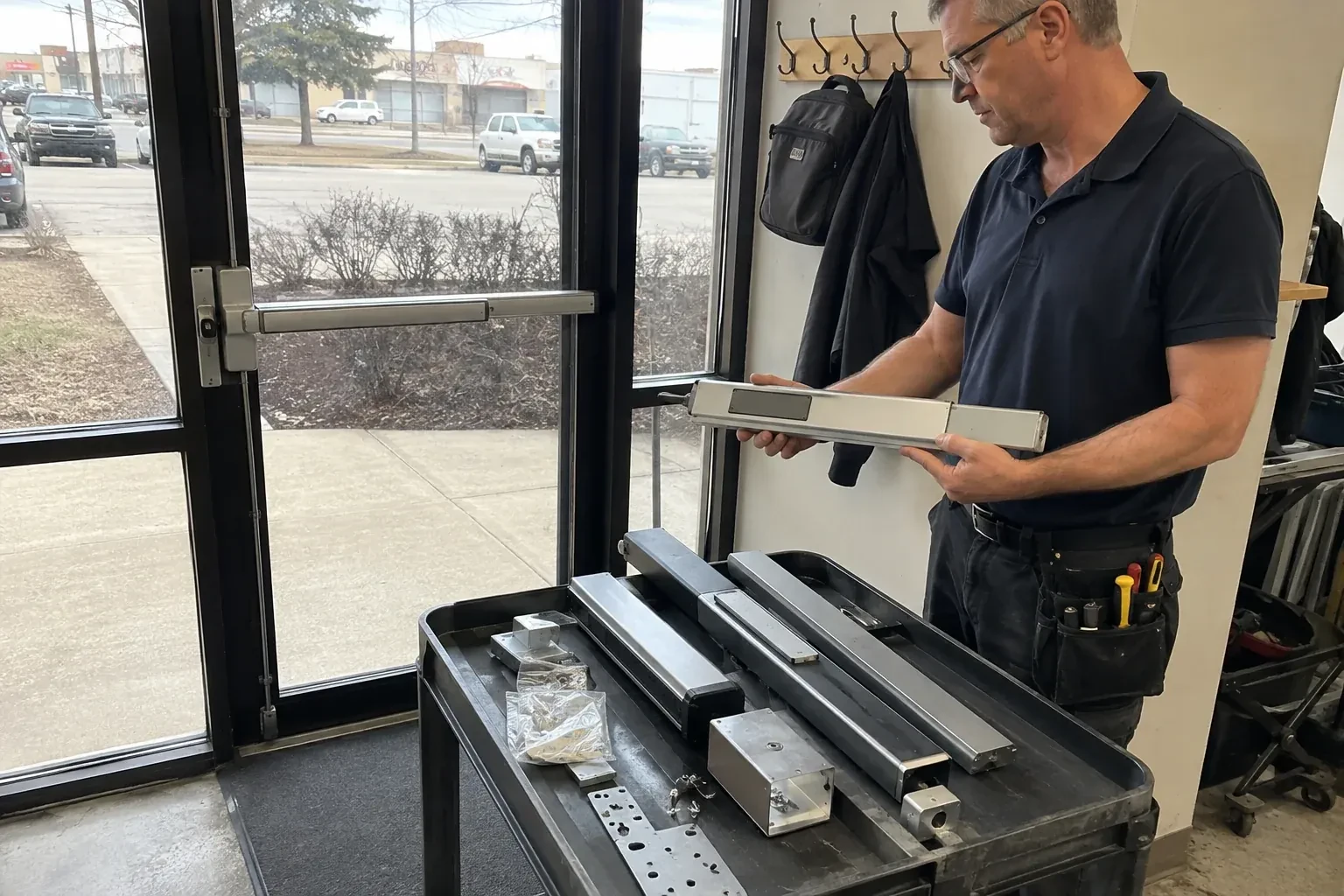 Person holding a long metal door-hardware assembly beside a cart of similar parts and a glass door fitted with a push bar. — Panic & Exit Hardware, Burlington