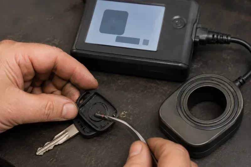 Hands using tweezers at an opened car-key head beside a small electronic unit and a ring-shaped accessory. — Transponder Key Programming, Burlington