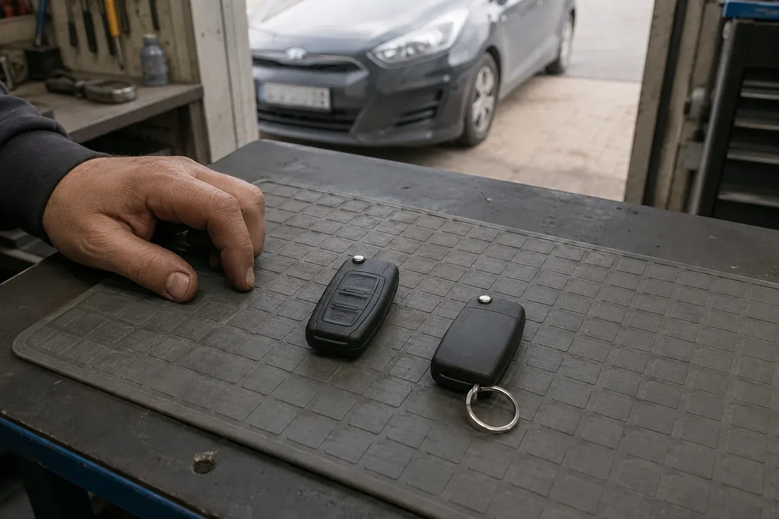Two vehicle remote fobs on a work mat beside a technician’s hand, with a parked car beyond. — Key Fob Programming, Maple