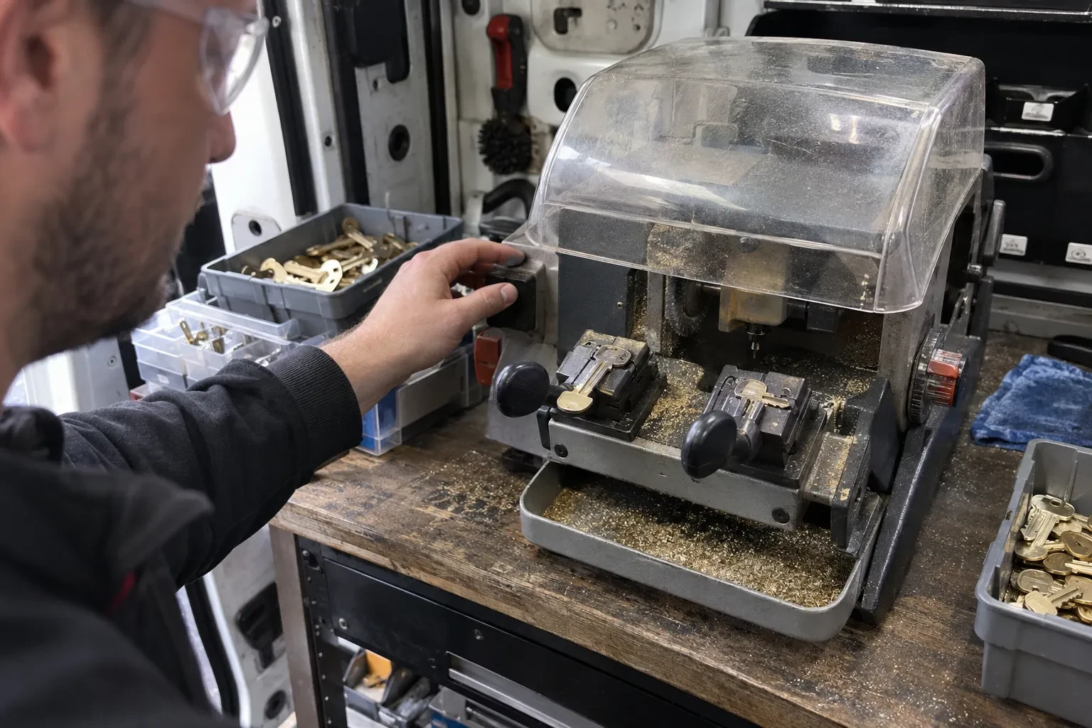 Person in safety glasses reaching for a key-cutting machine with a clear cover, beside trays of brass key blanks. — Spare Car Key Duplication, Burlington
