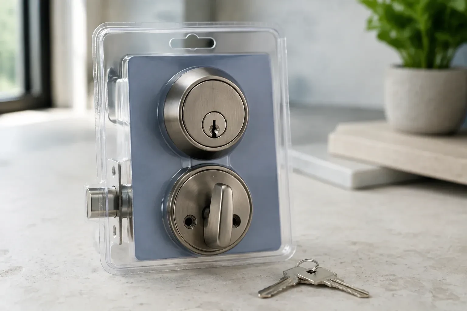 A silver-colored deadbolt set in clear packaging with two keys resting on the countertop in front. — Lock Rekeying, Burlington