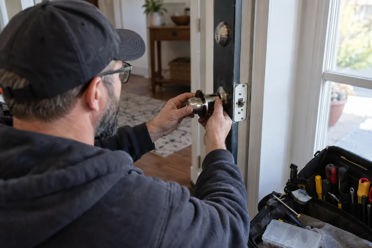 Technician fitting a steel door knob into a door beside a deadbolt, with an open tool bag of screwdrivers nearby. — Maple