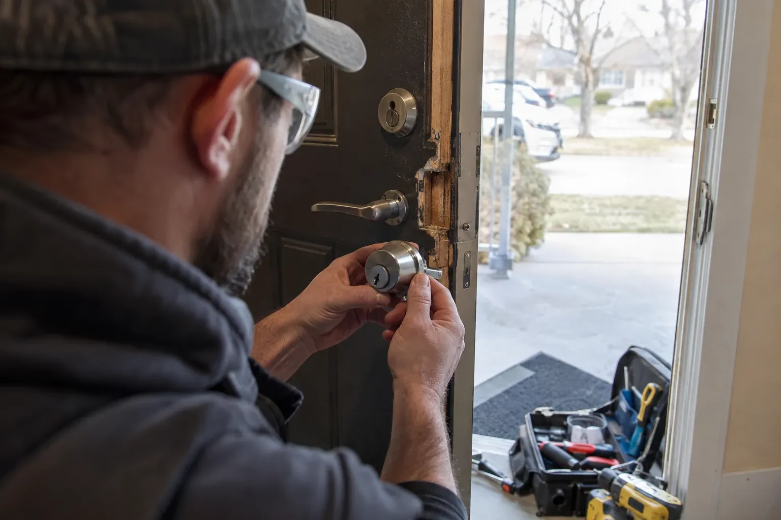 Technician in safety glasses holding a steel deadbolt with a keyway beside a splintered door edge and a tool case. — Maple