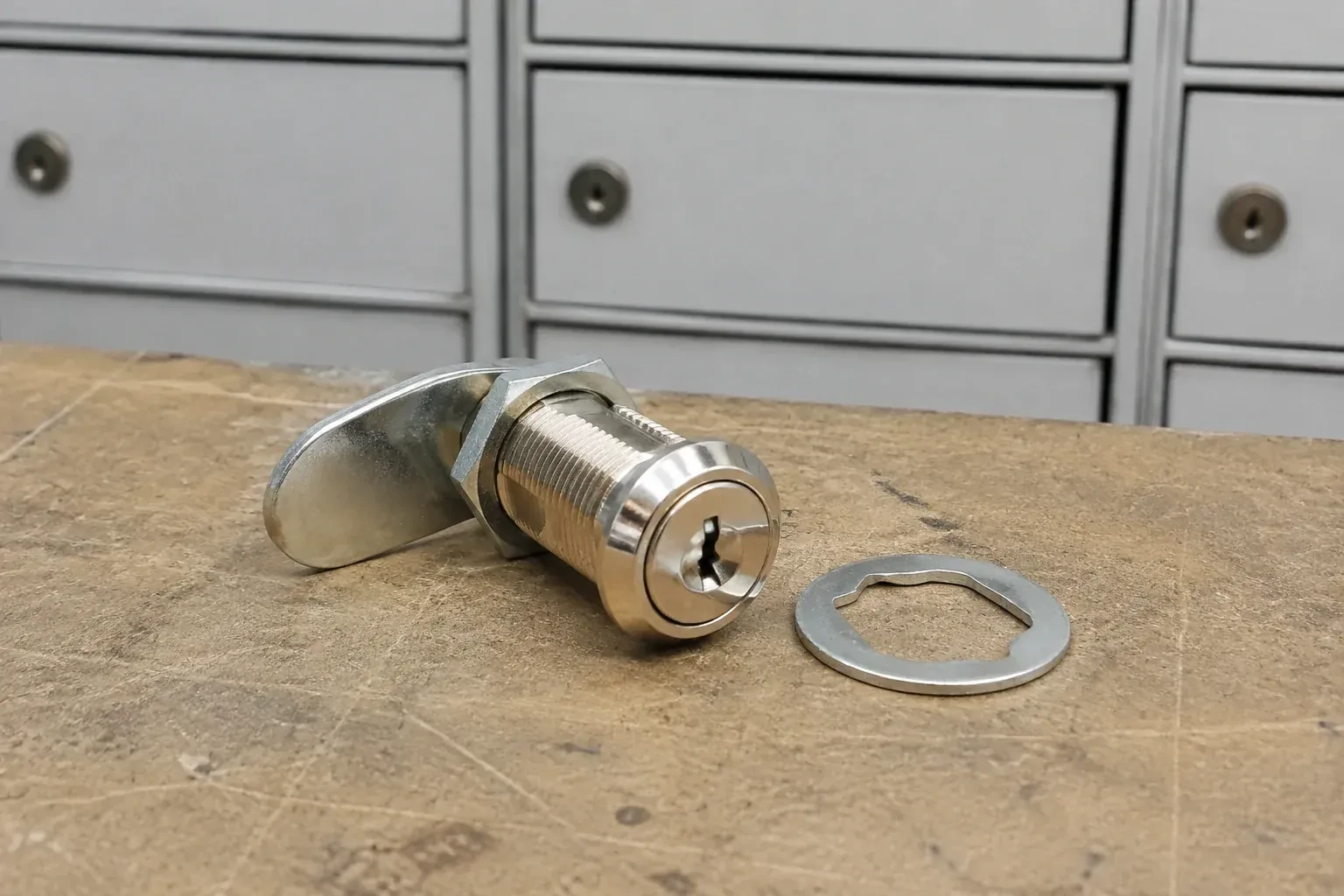 Detached threaded cam lock and mounting washer on a workbench in front of closed mail compartments. — Mailbox Lock Replacement, Burlington