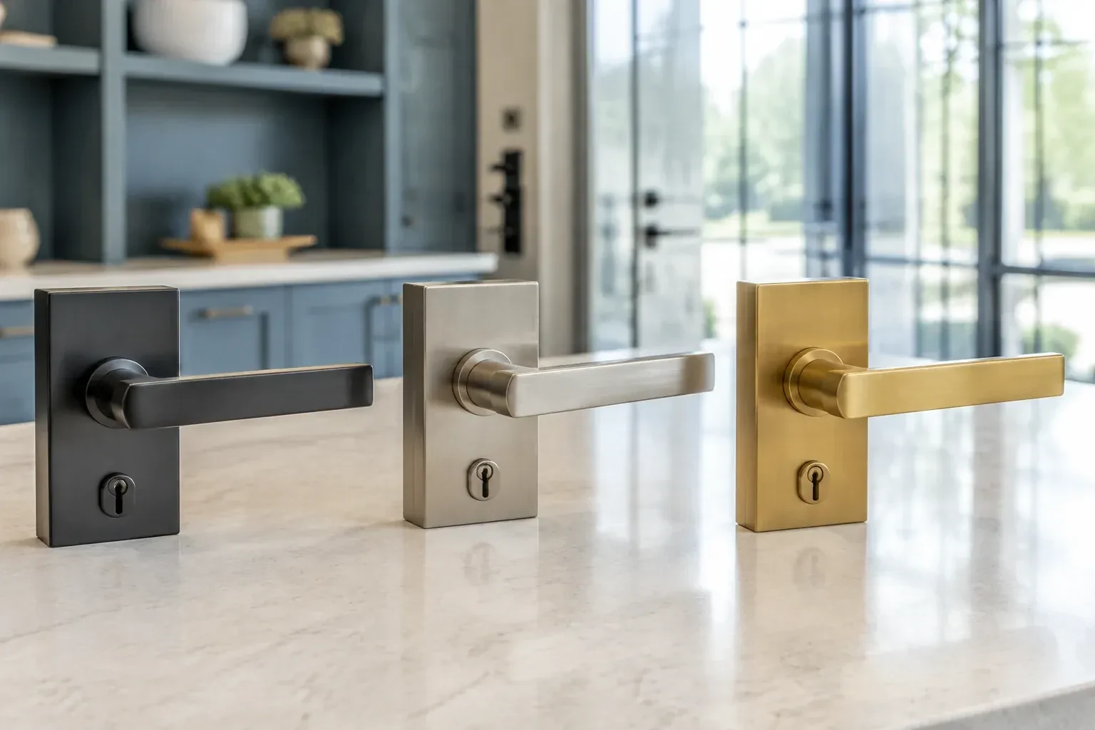 Three rectangular door-handle sets with keyholes in black, silver-colored and gold-colored finishes standing on a countertop. — Commercial Rekeying, Burlington