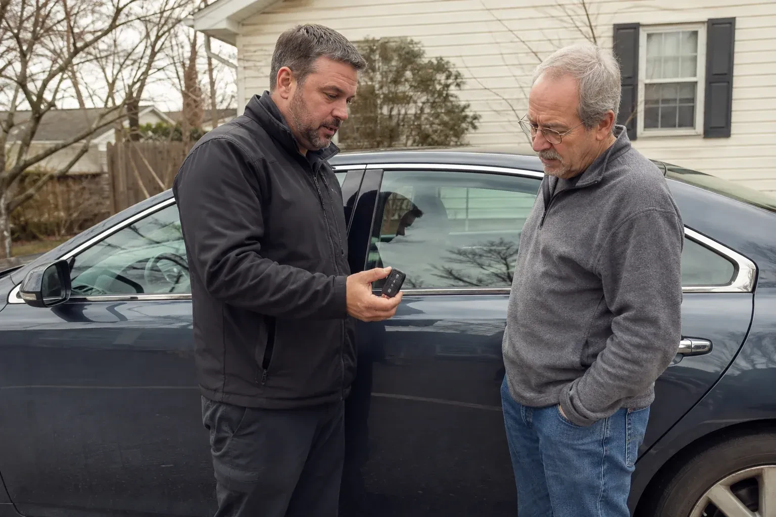 Two people beside a dark sedan, one holding up a black key fob. — Car Lockout Service, Burlington