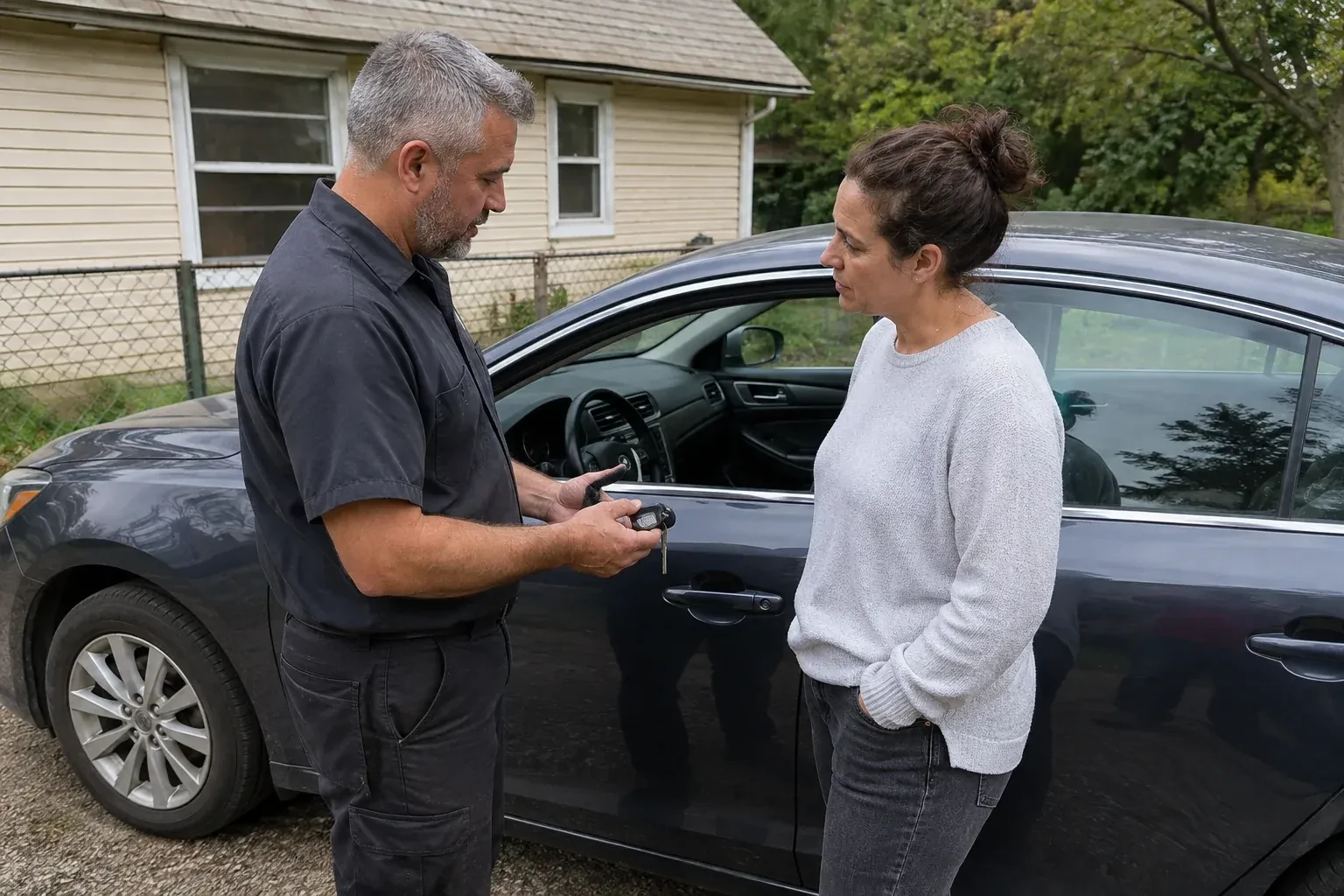 Two people standing beside a car with its window lowered, one holding a key and black key fob. — Ignition Lock Repair, Burlington
