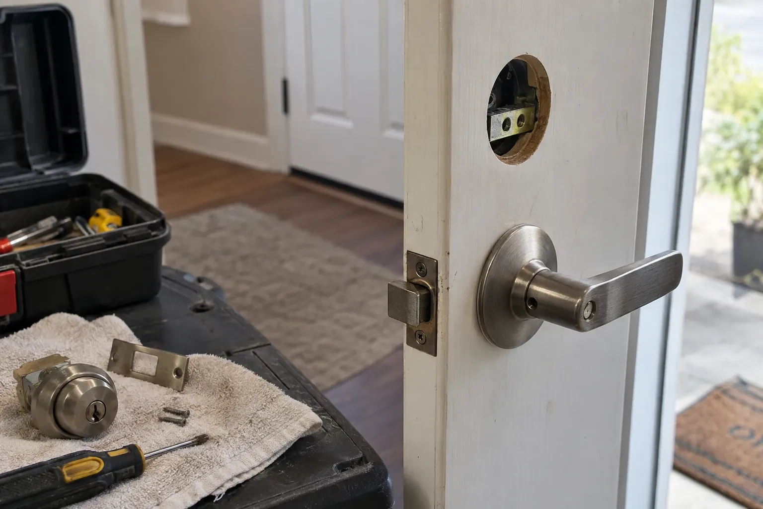White door with a lever handle and an empty round bore above it, beside a toolbox and a deadbolt on a towel. — Aldershot