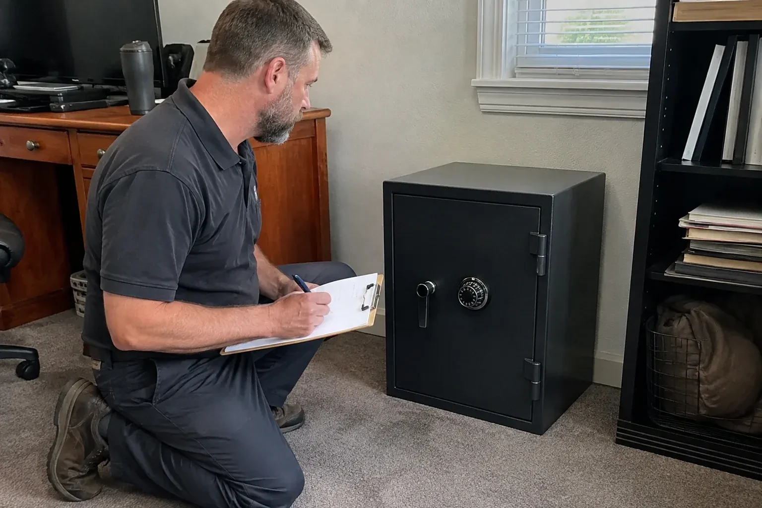 Person writing on a clipboard while kneeling beside a closed black safe with a numbered combination dial in a home office. — Safe Opening & Combination Change, Burlington